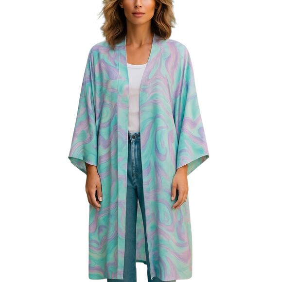 Peace Love Cake Kimono Robe Large Pastel Swirl Boho Lounge Festival - Picture 8 of 9